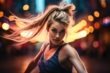Naklejka premium Girl dancer portrait. Athletic woman with ponytail hairstyle. Urban background