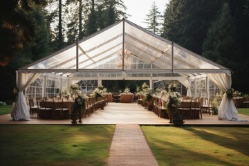 Naklejka premium Outdoor wedding tent decorated with flowers, outdoor wedding