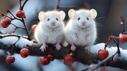Little cute white mice on a snowy branch in winter