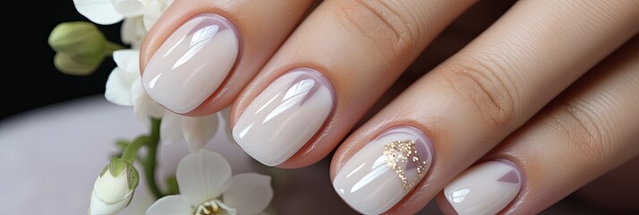 Beautiful well-groomed hands of the bride with modern manicure, nail design for the bride, banner
