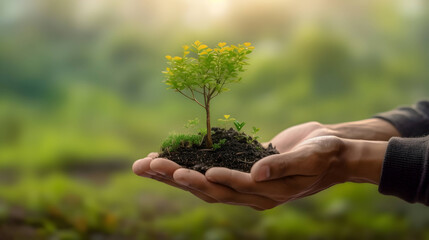 Fototapeta na wymiar Environment Earth Day In the hands of trees growing seedlings. Bokeh green Background male hand holding tree on nature field grass,Ai