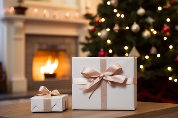 White box with a Christmas theme and a fireplace in the background with a Christmas tree, Image for advertising, Banner, Magazines