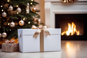 Obraz na płótnie Canvas White box with a Christmas theme and a fireplace in the background with a Christmas tree, Image for advertising, Banner, Magazines