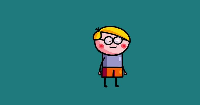 Cartoon kid color character animated Yanec boy isolated turn. Moving child serie transparent. Useful content presenter no background.