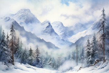 Fototapeta na wymiar Majestic Winter Peaks in Watercolor
