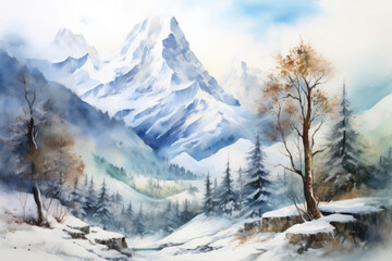 Fototapeta na wymiar Frozen Wilderness in Watercolor Hues