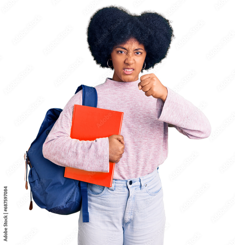 Poster young african american girl wearing student backpack holding book annoyed and frustrated shouting wi