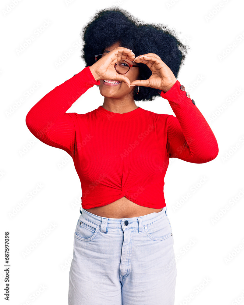 Sticker young african american girl wearing casual clothes and glasses doing heart shape with hand and finge