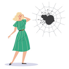 Arachnophobia spider web psychology mental disorder concept. Vector flat graphic design illustration