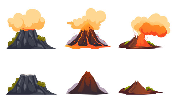 Volcano smoke active volcanic fire landscape concept. Vector graphic design illustration