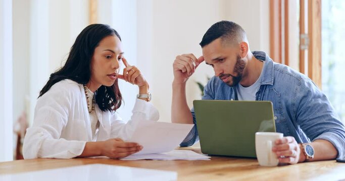 Young couple, documents and stress for home debt, financial fail or budget risk with fight, argue and frustrated. Angry woman and man with rent, bills and loan payment, paperwork or bankruptcy letter
