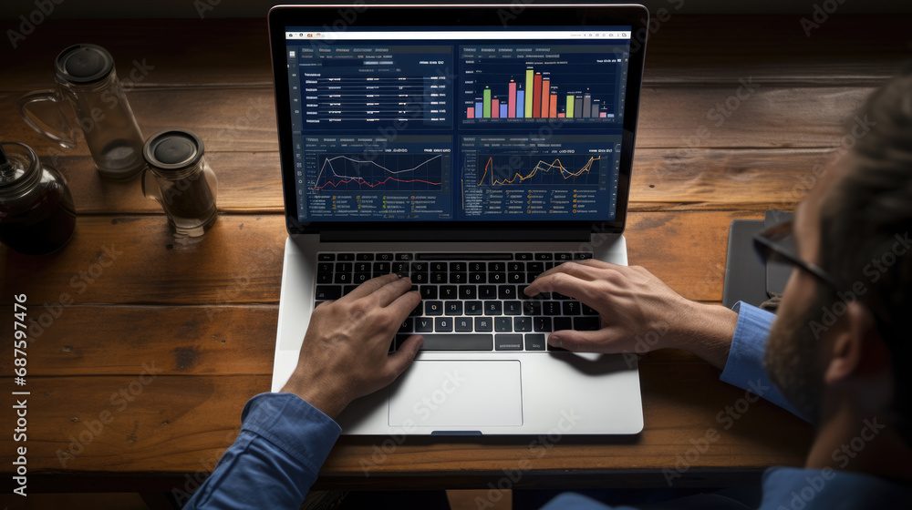 Poster man analyzing stock market data with charts and graphs, indicating financial trading and analysis.