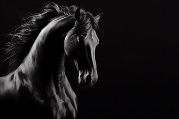 Black and white banner of a magnificent black stallion horse isolated on black background with copy space. ai generative