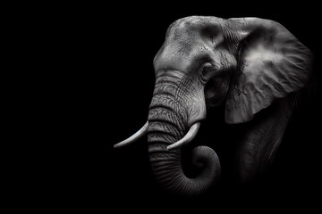 Black and white photorealistic studio portrait of an African Elephant on black background. ai generative - obrazy, fototapety, plakaty