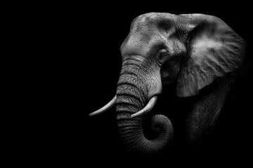 Poster Black and white photorealistic studio portrait of an African Elephant on black background. ai generative © Igor