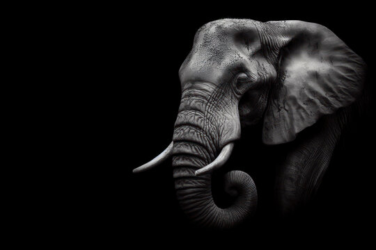 Black and white photorealistic studio portrait of an African Elephant on black background. ai generative