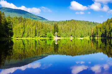 landscape of a mountain lake in summer. nature scenery with reflection of a synevyr national park coniferous forest beneath a blue sky with clouds on a sunny day. popular travel destination of ukraine