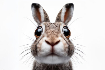 Fototapeta premium Closeup Funny Portrait of surprised hare with Huge Eyes on solid white background, wide angle shot. ai generative