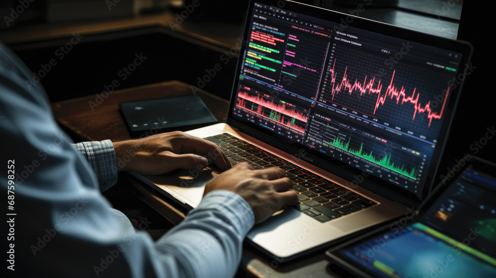 Poster man analyzing stock market data with charts and graphs, indicating financial trading and analysis.