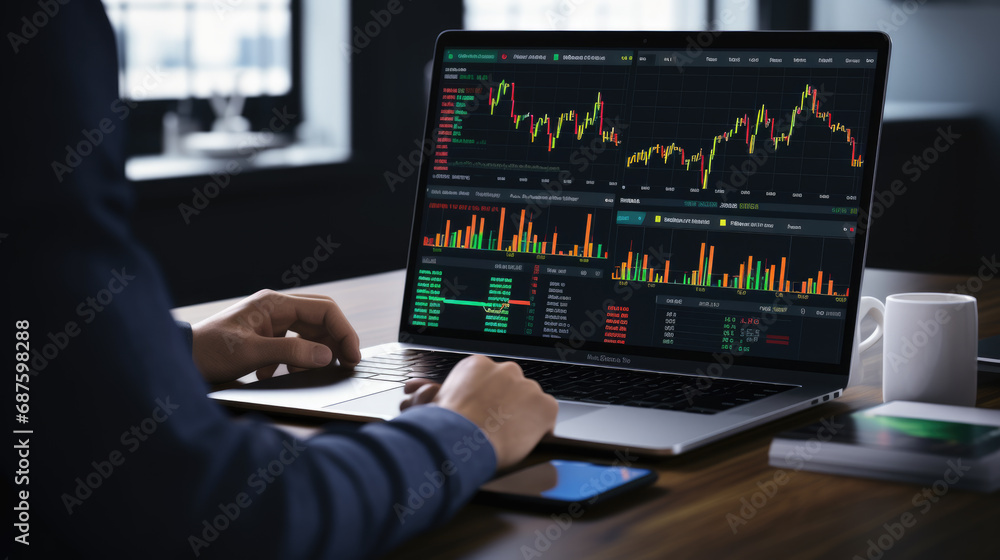 Poster man analyzing stock market data with charts and graphs, indicating financial trading and analysis.