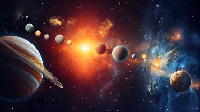 Sun and the planets of our Solar system on starry space background. Image elements furnished by NASA,Generative Ai