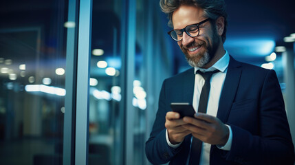 Smiling man in a business suit is looking at his smartphone against office background