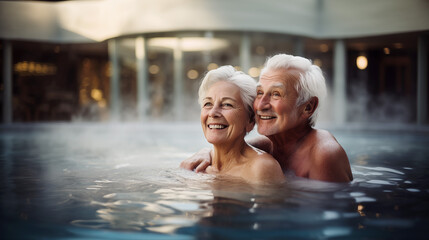 An elderly couple having a bath in a thermal water pool. - obrazy, fototapety, plakaty
