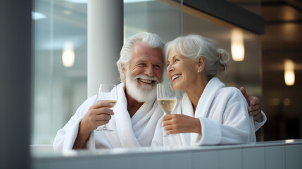 Senior couple drinking wine happy wearing a white bathrobe. 