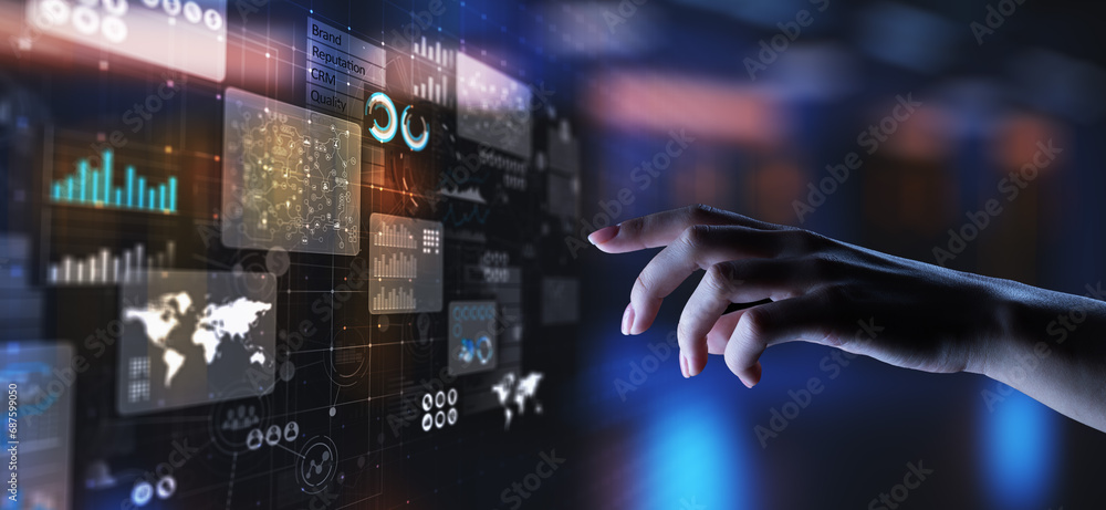 Aufkleber business intelligence analyst dashboard on virtual screen. big data graphs charts.