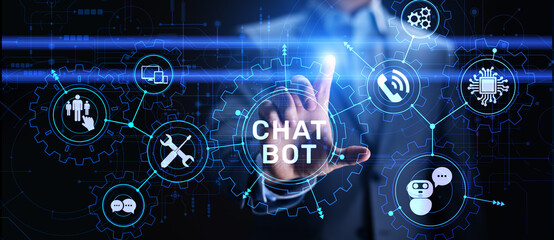 Chatbot computer program designed for conversation with human users over the Internet. Support and customer service automation technology concept.