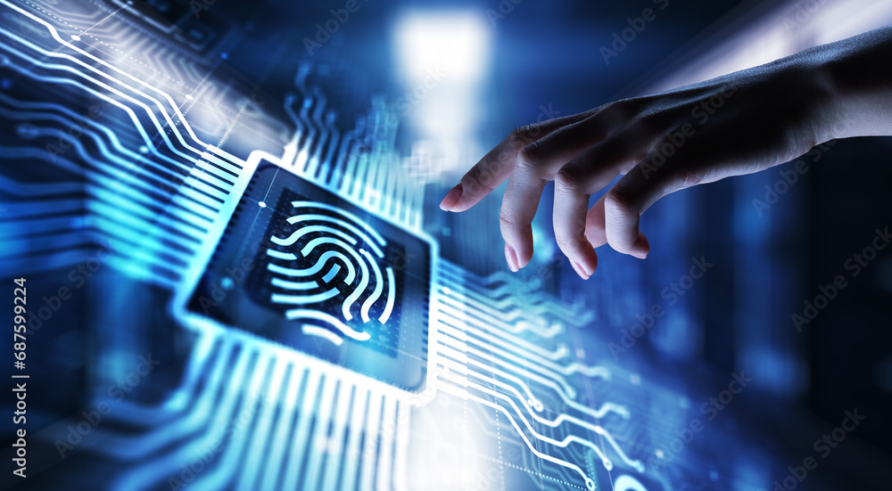 Poster fingerprint unlock cyber security data protection concept on virtual screen.