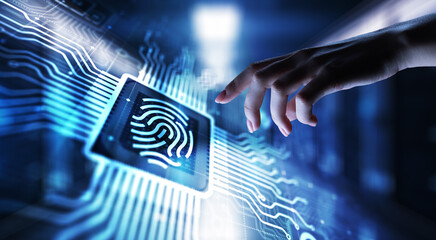 Fingerprint unlock cyber security data protection concept on virtual screen.