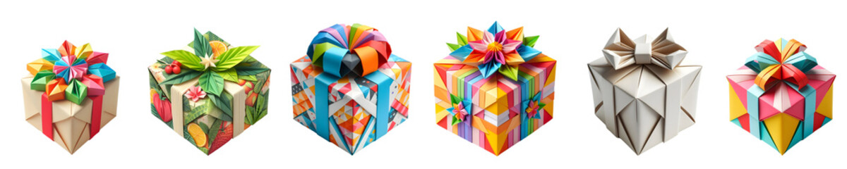  6 Gift Boxes in Origami Style, Christmas, Birthday, Valentine's Day, Isolated on Transparent Background