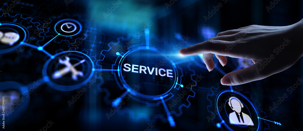 Poster service support customer help call center business technology button on virtual screen.