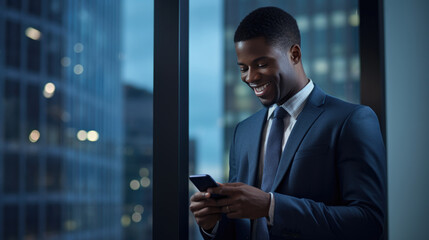 Smiling man in a business suit is looking at his smartphone, standing indoors with the night city lights reflected in the glass window behind him.