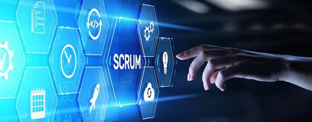 Scrum agile software development project management methodology business technology concept.