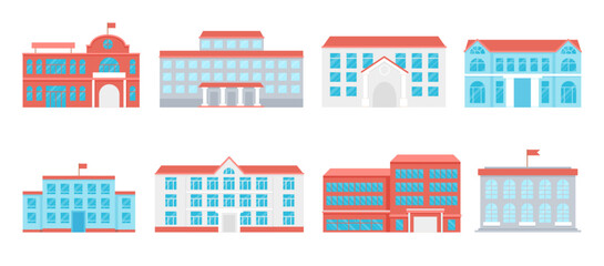 Flat public school buildings icons. Urban education center, university or college building. City architecture graphic decent vector collection