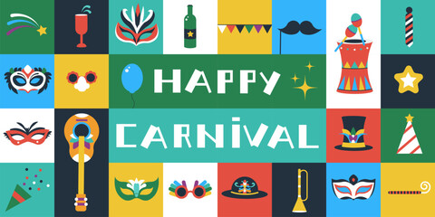 Carnival banner. Flat masks, musical instruments and colorful party props. Decorative festival elements, glass with splash, decent vector background