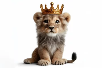 Foto op Canvas photo of a real Little lion with a large golden crown on his head on a white background. ai generative © Igor