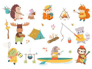 Hiking animals. Wild forest animal go to adventures on nature with backpacks. Walking and kayaking, fishing and sitting of camp fire, nowaday vector characters