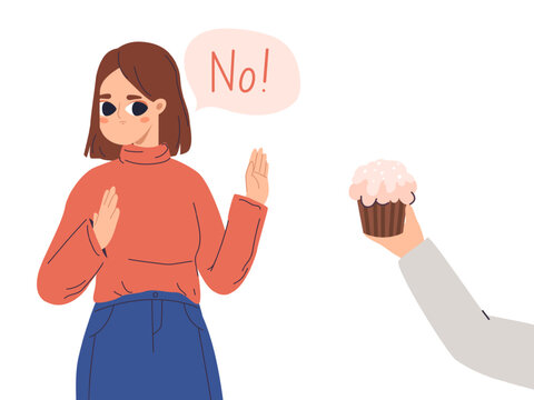 Girl On Diet Say No To Sweets And Bakery Food. Cartoon Temptation Concept, Teenager Or Young Woman And Cupcake Or Muffin. Vector Healthy Scene