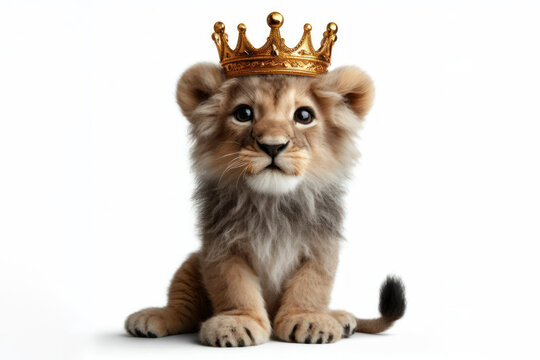 photo of a real Little lion with a large golden crown on his head on a white background. ai generative