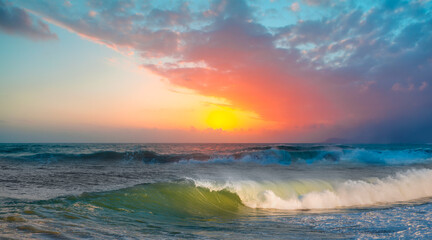 Powerful wave during multi colored sunset