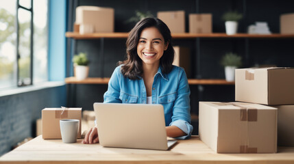 Smiling woman in a warehouse or storage room filled with boxes, working on a laptop