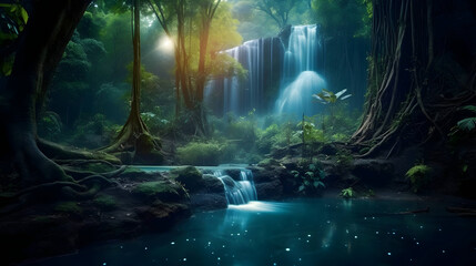 Mystery night at deep tropical rain forest with flowing cascade waterfall. Fantasy jangle landscape,Generative Ai