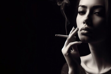 Fototapeta premium Woman smoking a cigarette on black background. ai generative
