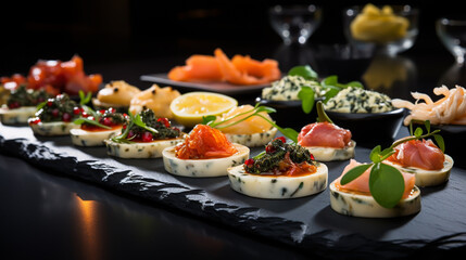 Mix of different snacks and appetizers. Spanish tapas on a black stone background. Tapas bar. Space for text.