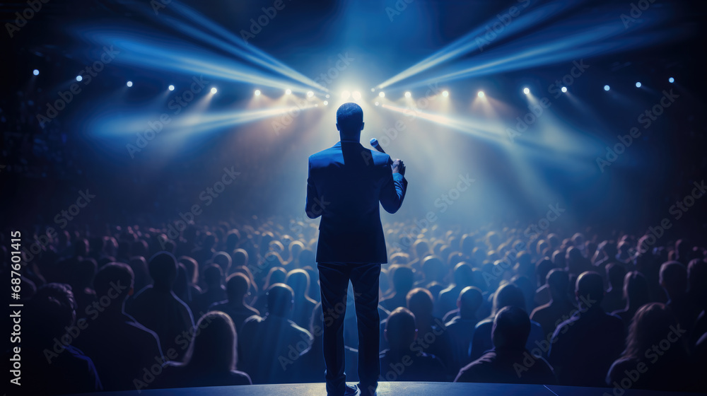 Poster man in a suit speaking into a microphone in front of an audience in a dark auditorium.