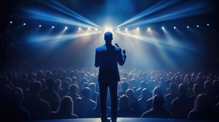 Fototapeta premium Man in a suit speaking into a microphone in front of an audience in a dark auditorium.