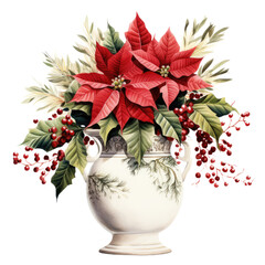 Obraz premium Watercolor Christmas flower Poinsettia in flower vase illustration for greeting cards, invitations, and other printing projects.